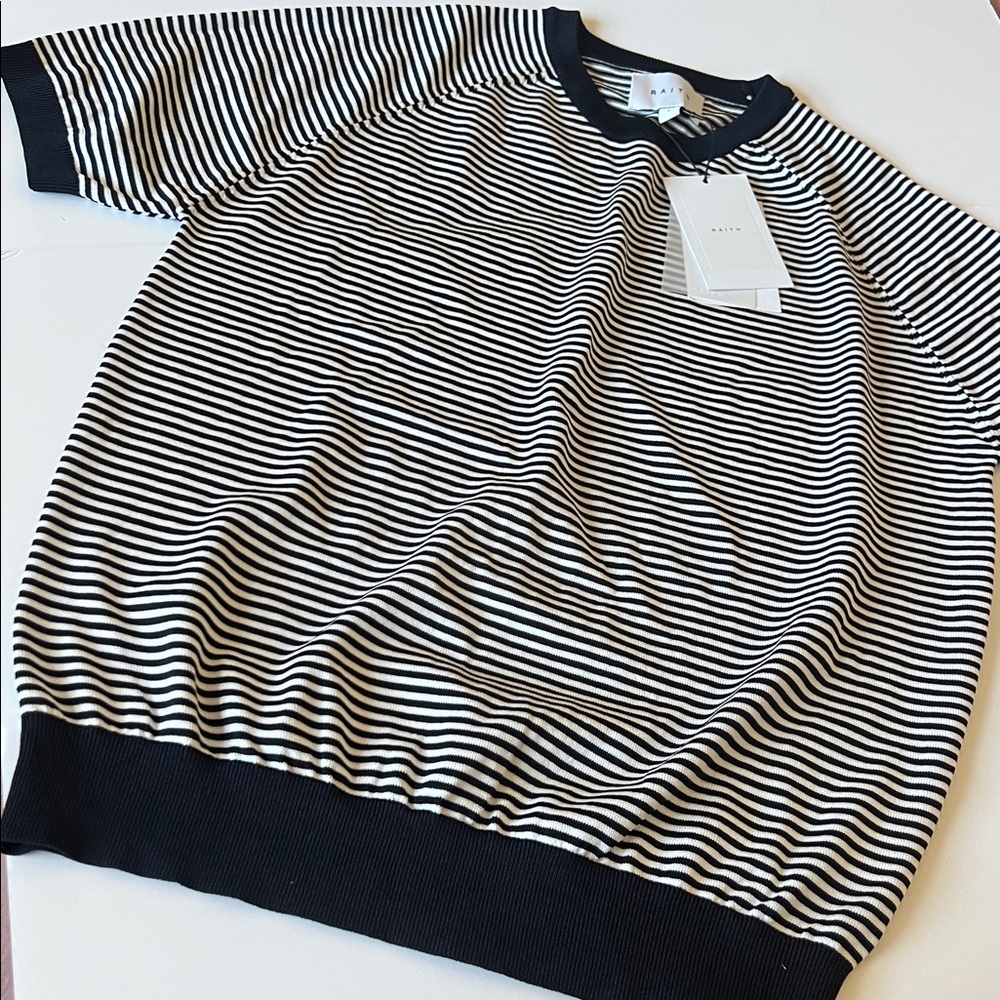 RAITH RIERA Striped Knit Crewneck T-shirt Black/Ecru Size Large NWT